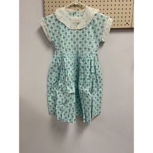 Girls 60/70s Blue Floral Dress Peter Pan Collar Ruffle Cap‎ Sleeves